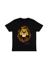 Camiseta de algodón negra con un gráfico de la cara de un león en dorado y marrón, decorada con patrones tribales y el texto "El Rey León".