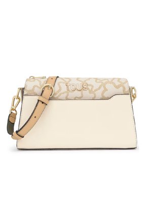 Bolso de hombro de cuero en beige y crema con herrajes dorados, patrón abstracto, correa ajustable y logo TOUS en relieve en la solapa frontal.