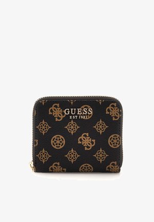 Portafoglio nero con zip, realizzato in faux leather testurizzato, caratterizzato da un motivo geometrico color sabbia e un logo del marchio argentato. Forma rettangolare compatta.