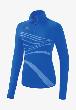 Blauer Sportpullover mit einem halben Reißverschluss, langen Ärmeln und hellblauen Wellenmuster auf der Vorderseite. Hergestellt aus einem glatten, elastischen Material.