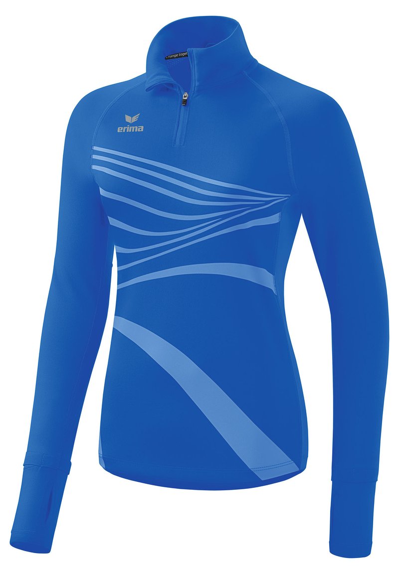 Pullover sportivo blu con mezza zip, maniche lunghe e motivi a onda blu chiaro sulla parte anteriore. Realizzato in un materiale liscio e elasticizzato.