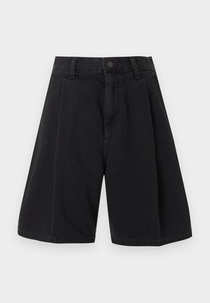 Bermuda in denim nero a vita alta con passanti per cintura, bottone frontale, chiusura con zip e design a gamba larga.