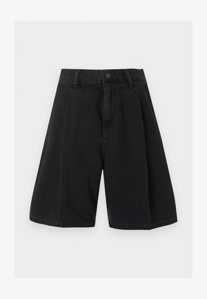 Crne bermuda hlače od trapera s visokim strukom, proširenih nogavica, s petljama za remen, gumbom sprijeda i patentnim zatvaračem.