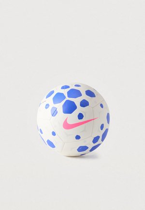 Balta futbolo kamuolys su mėlynais šešiakampiais ir aštuonkampiais raštais, išryškintu rausvu „Nike“ logotipu. Tekstūruotas paviršius geresniam sukibimui.