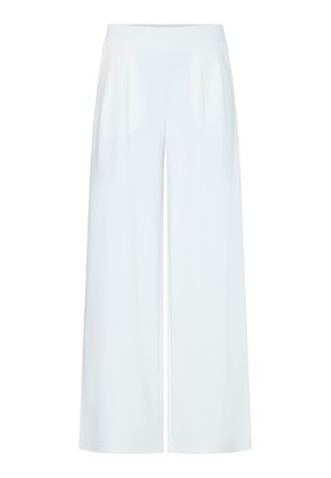 Białe spodnie z wysokim stanem i szerokimi nogawkami, z przodu fałdki oraz gładka, czysta tekstura tkaniny.