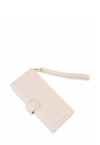 Světle růžová kožená peněženka se zipovým uzávěrem, poutkem na zápěstí a drukem. Hladký povrch, obdélníkový tvar a jemné šití.