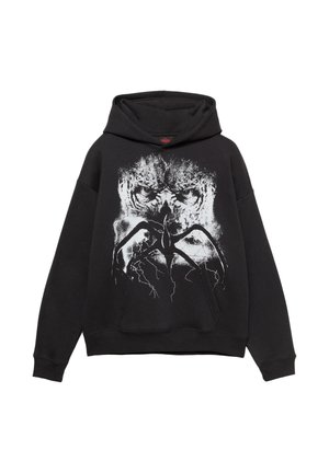 Felpa nera con cappuccio e grafica bianca di un volto intenso e di una creatura simile a un ragno con fulmini sul davanti.