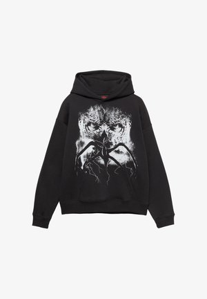 Fekete kapucnis pulóver, fehér grafikával, amelyen egy intenzív arc és egy pókszerű lény látható villámcsapásokkal az elején.