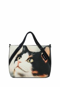 Borsa a tracolla con il volto di un gatto calico stampato su tela, dettagli in pelle nera, doppi manici e chiusura a zip.