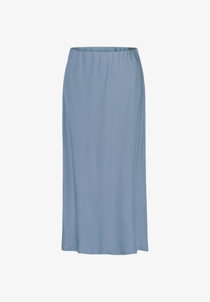 Light blue, mid-length skirt made from soft, smooth fabric. Features an elastic waistband and straight silhouette, with a subtle sheen.