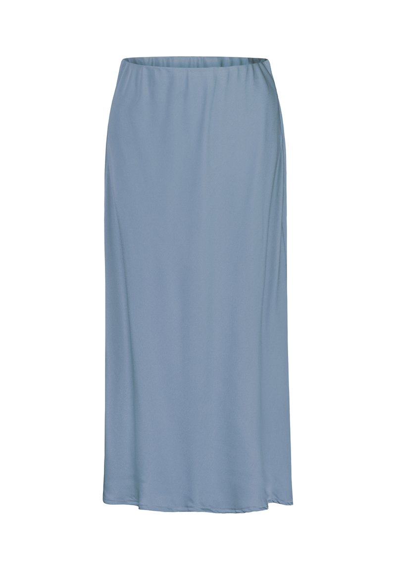 Helles blaues, knielanges Rock aus weichem, glattem Stoff. Verfügt über einen elastischen Bund und eine gerade Silhouette, mit einem subtilen Glanz.