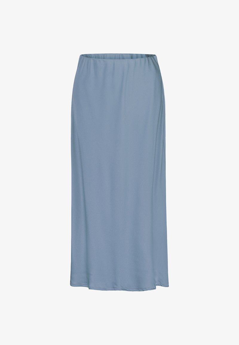 Helles blaues, knielanges Rock aus weichem, glattem Stoff. Verfügt über einen elastischen Bund und eine gerade Silhouette, mit einem subtilen Glanz.