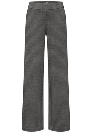 Pantaloni a gamba larga in tessuto nero e bianco strutturato. Presentano una vita liscia e una silhouette ampia per comfort e libertà di movimento.