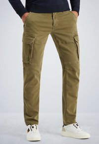 Olivově zelené cargo kalhoty s několika kapsami na zip, rovný střih a měkký bavlněný materiál.