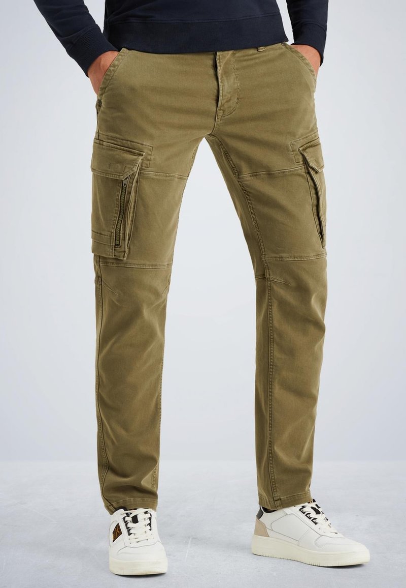 Olivgrüne Cargo-Hosen mit mehreren Reißverschlusstaschen, geradem Beinschnitt und einem weichen Baumwollmix.