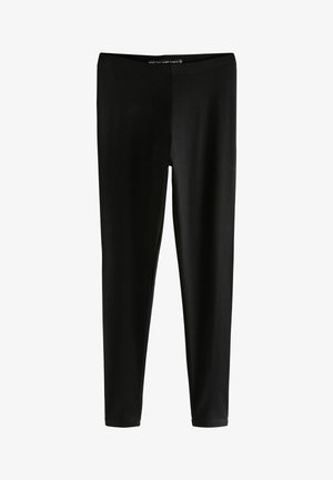 Leggings neri a lunghezza totale realizzati in tessuto elasticizzato. Presentano una cintura liscia e un design aderente senza motivi o accenti visibili.