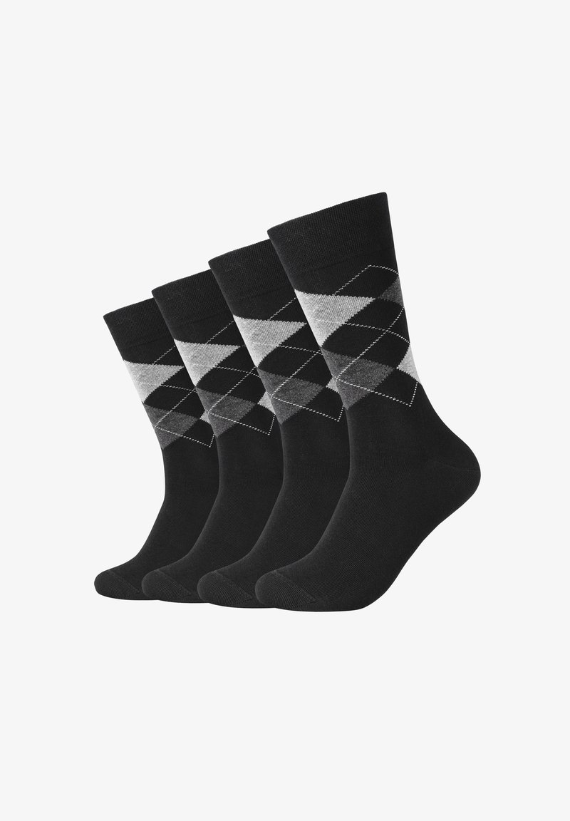 Black socks featuring a diamond pattern in shades of gray. Made of soft material, with a comfortable cuff and smooth texture. Pack of four.