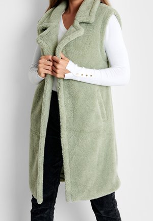 Kvinde iført en ærmeløs, lys grøn teddy fleece vest over en hvid langærmet skjorte og sorte bukser, der holder vesten lukket foran.