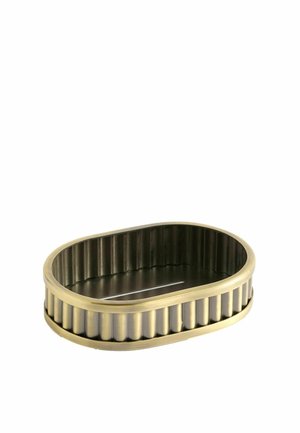 Oval geformte Metallschale mit vertikalen Rillen an den Seiten und flachem Boden, mit gebürstetem Messing-Finish.