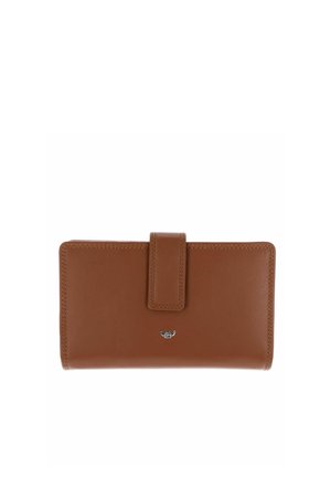Brown leather wallet with a snap closure and small silver logo centered on the front against a white background.