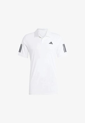 Hvid polo skjorte lavet af åndbart materiale. Den har en krave, korte ærmer og tre mørkegrå striber på venstre ærme.
