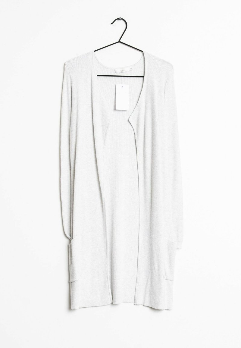 Ljusgrå lång cardigan i mjukt stickat material, med V-hals, öppen front, två sidofickor och en avslappnad silhuett.