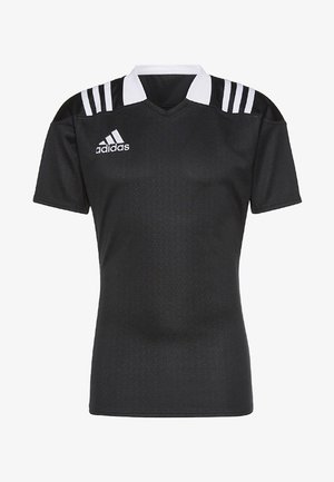Zwart Adidas sportshirt met witte kraag en drie witte strepen op elke schouder, met het Adidas-logo op de rechterborst.