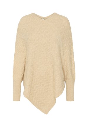 Beiger Pullover mit V-Ausschnitt, der ein strukturiertes Zickzackmuster aufweist. Er hat weite Ärmel und einen asymmetrischen Saum. Aus weichem, gestricktem Material.