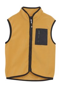 Gul fleece vest med høy krage, svart glidelås foran og brystlomme. Svart kant rundt armhull og glidelås. Myk tekstur.