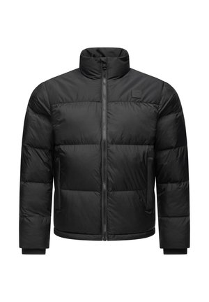 Schwarze Daunenjacke mit hohem Kragen, Reißverschluss und gerippten Bündchen. Verfügt über ein gestepptes Design mit glatter Textur und minimalem Branding.