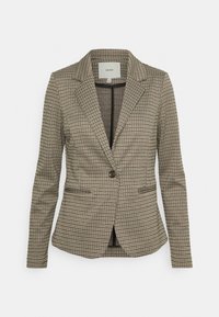 Blazer à carreaux marron avec un col cranté, une fermeture à un bouton, deux poches avant et un tissu texturé. Coupe ajustée avec manches longues.