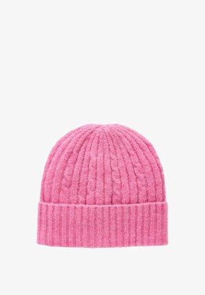 Beanie rosa a coste con risvolto, realizzato in un tessuto morbido, che presenta un motivo testurizzato in rilievo su tutta la superficie.