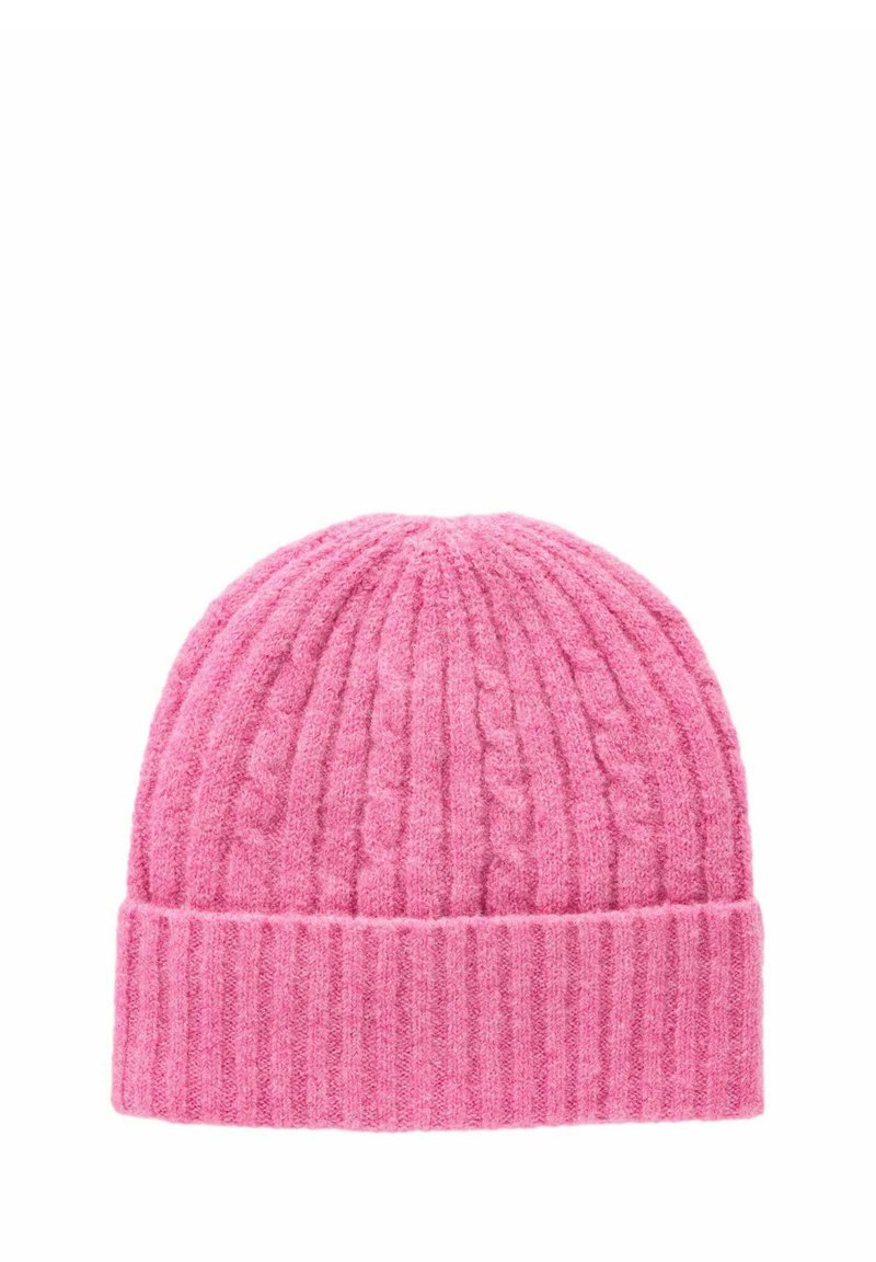 Roze, geribbelde gebreide beanie met een omgeslagen rand, gemaakt van zachte stof, met een gestructureerd, verhoogd patroon over het hele oppervlak.