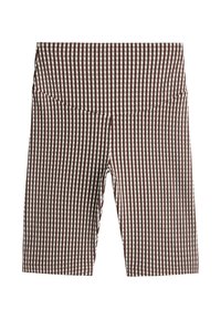 Shorts marron et blanc à carreaux jusqu'aux genoux avec une taille haute et un tissu ajusté et extensible.