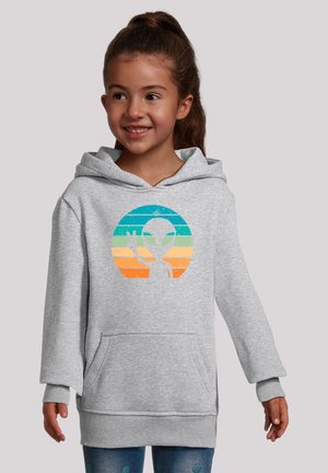 Gray hoodie with a front pocket and a drawstring hood. Features a multicolored alien graphic within a circular design.