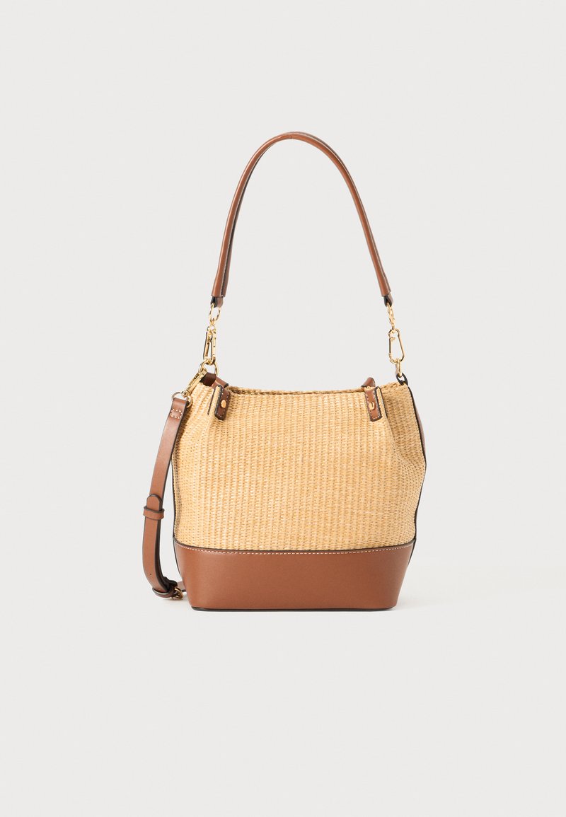 Borsa a tracolla in paglia intrecciata con base e tracolla in pelle marrone. Dettagli in metallo dorato. Forma semplice e strutturata, adatta per l'uso casual.