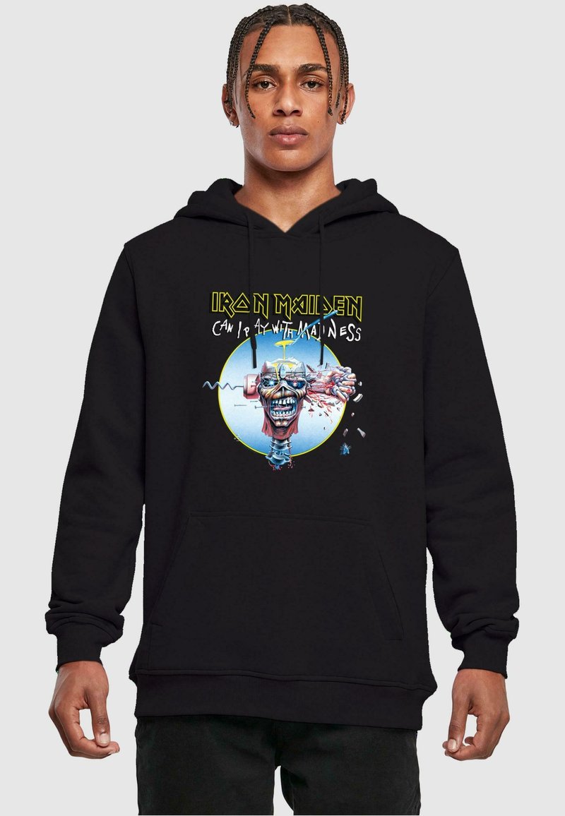 Black hoodie featuring a graphic of a zombie head, with "Iron Maiden" and "Can I Play with Madness" text in bright yellow and blue accents.