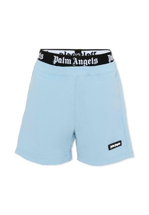 Shorts bleu clair avec taille élastique noire portant le texte "Palm Angels", et une petite étiquette "Palm Angels" sur la jambe gauche.