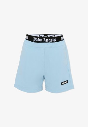 Shorts bleu clair avec taille élastique noire portant le texte "Palm Angels", et une petite étiquette "Palm Angels" sur la jambe gauche.