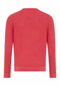 Roter Strickpullover, runder Halsausschnitt, lange Ärmel, gerippte Bündchen und Saum. Der Stoff wirkt weich mit einer strukturierten Oberfläche. Rückansicht gezeigt.