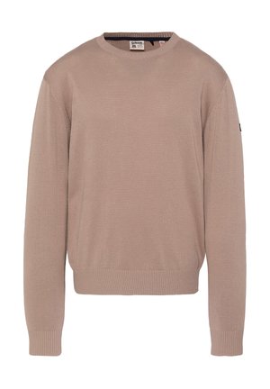Beige langærmet sweater med rund hals, ribstrikkede manchetter og kant, lavet af strikket stof, med en lille mærkeetiket på den øverste ærme.
