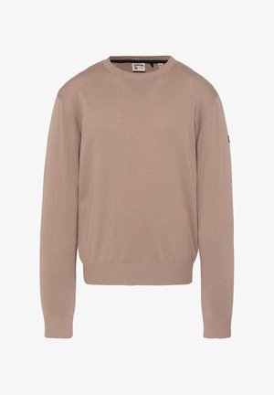 Beige langærmet sweater med rund hals, ribstrikkede manchetter og kant, lavet af strikket stof, med en lille mærkeetiket på den øverste ærme.