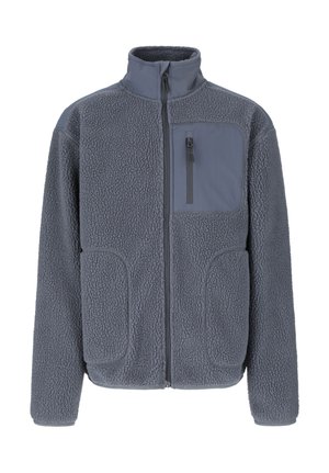 Donkere grijze fleecejas voor heren met volledige rits aan de voorkant, hoge kraag, twee zijzakken en een met rits afsluitbare borstzak.