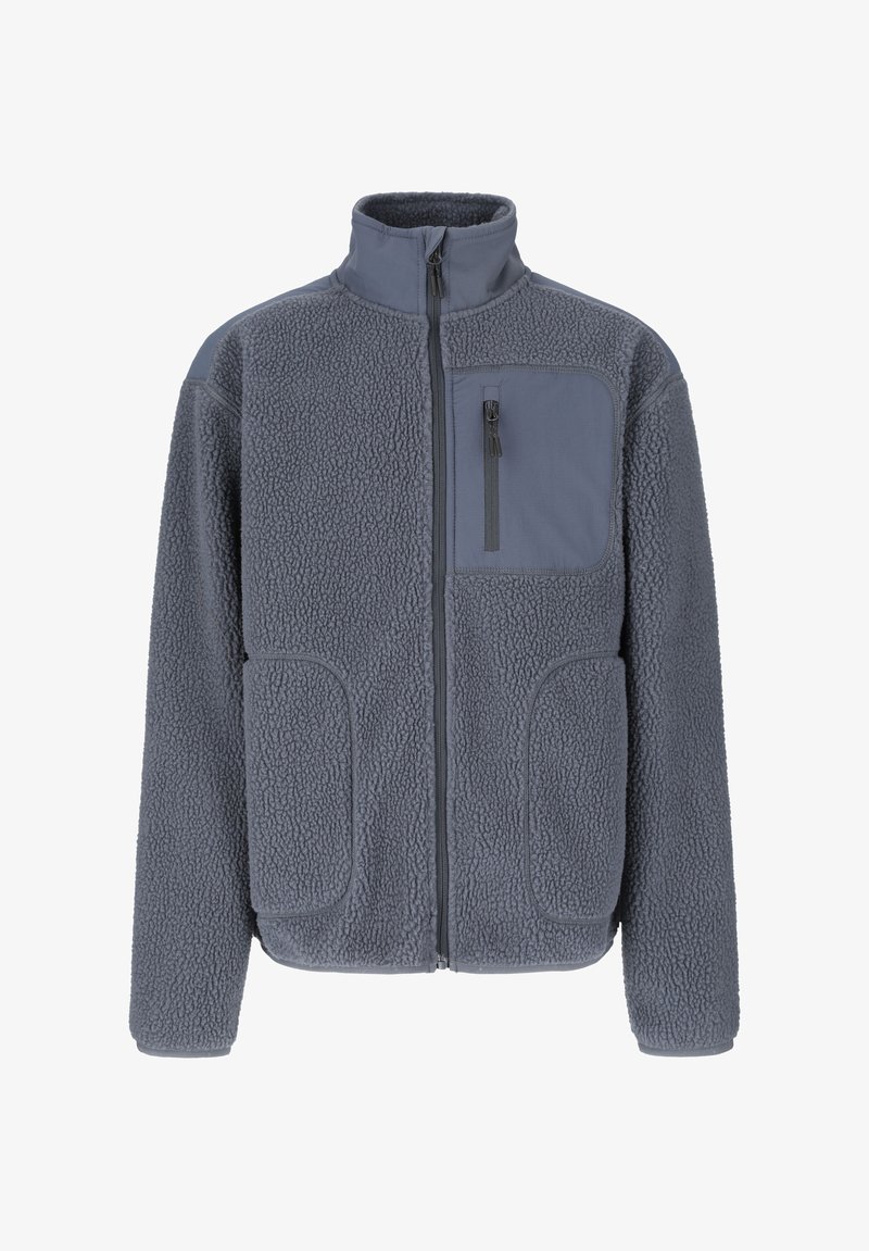 Veste polaire pour homme de couleur gris foncé avec fermeture éclair intégrale à l'avant, col montant, deux poches latérales et une poche poitrine zippée.