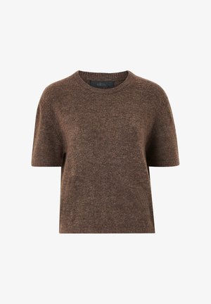 Bruine, kort-sleeved trui van zacht materiaal met een ronde hals en ribgebreide accenten. Eenvoudig ontwerp, gestructureerde afwerking, licht van gewicht.