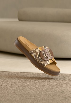 Παντόφλα με καφέ σόλα πλατφόρμα, λουράκι με σχέδιο φιδιού και μεγάλο καφέ μεταλλικό κούμπωμα, σε ουδέτερο μπεζ φόντο.