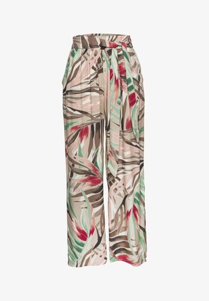 Wijdvallende broek van lichtgewicht stof met een tropisch bladerenpatroon in groen, roze en bruin, compleet met een stoffen strik bij de taille.