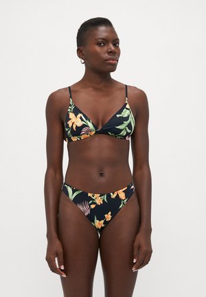 Black bikini with a floral pattern featuring orange and green hues. The top has a triangular shape with thin straps; the bottom is low-rise.