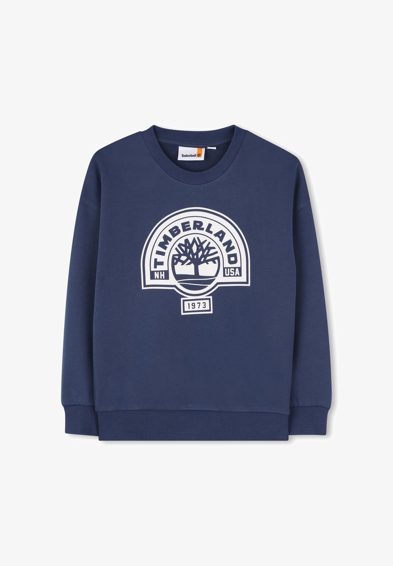 Sweatshirt bleu marine à col rond, poignets et ourlet côtelés. Présente un logo Timberland blanc avec un motif d'arbre. Fabriqué en tissu mélangé coton.