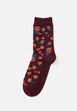 Burgundy sock with colorful floral pattern, featuring shades of blue, orange, and yellow, made of soft, stretchy material for comfort.
